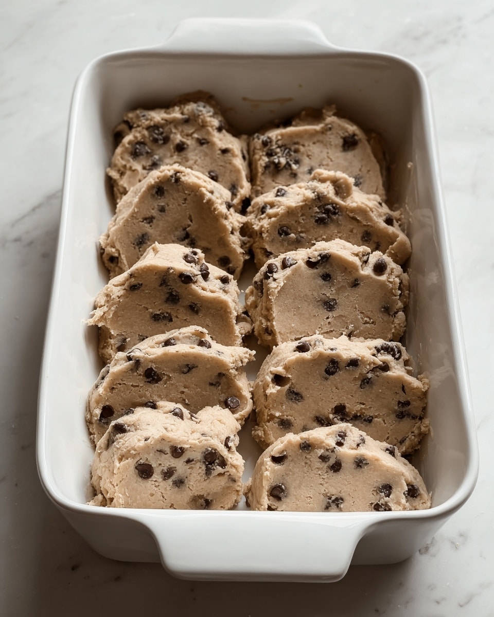 A white rectangular ceramic baking dish filled with a single layer of raw cookie dough pieces pressed close together, each dough piece light brown with visible dark chocolate chunks scattered throughout. The dough has a slightly soft and uneven texture, with some pieces overlapping the others at the edges. The dish is placed on a white marbled surface, and the scene has soft, natural lighting. photo taken with an iphone --ar 4:5 --v 7