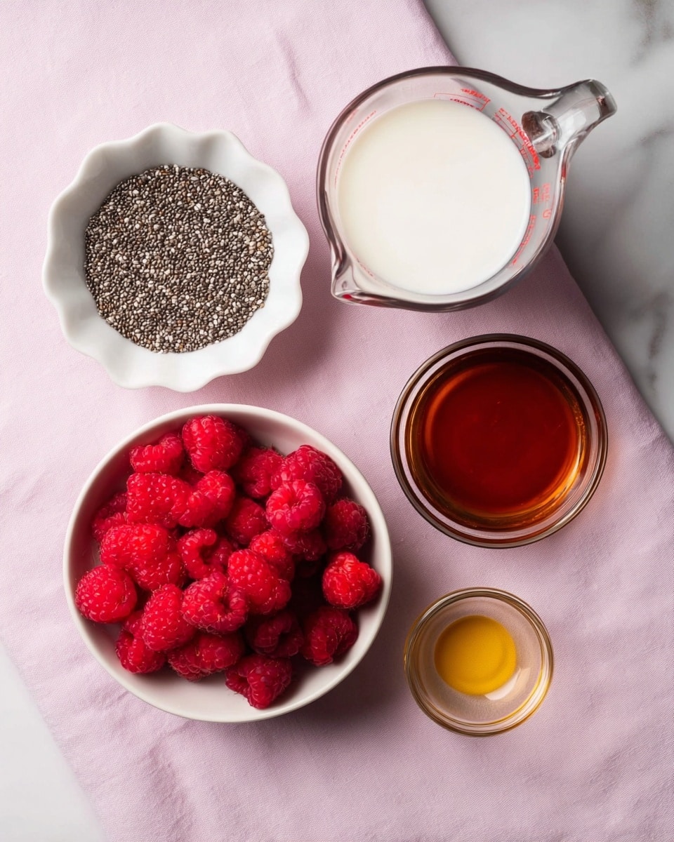 The image shows five small containers arranged on a soft pink cloth over a white marbled surface. Starting from the top left, there is a white scalloped bowl filled with small black and white chia seeds, showing their tiny round texture. Next to it on the right is a clear glass measuring cup filled with smooth white milk. Below the chia seeds, a white bowl is filled with bright red raspberries, each with a bumpy texture and deep color. To the right of the raspberries, a small white bowl holds a deep amber-colored syrup that looks smooth and shiny. Finally, below that bowl, a small clear glass container holds a smaller amount of light golden liquid, also smooth and shiny. The scene is softly lit, showing the clear textures and vivid colors well, photo taken with an iphone --ar 4:5 --v 7