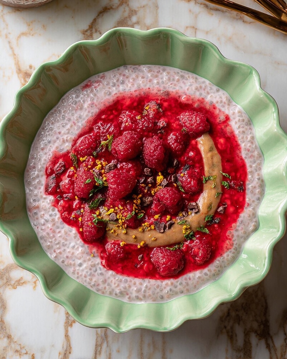 A light green bowl with scalloped edges holds a creamy chia pudding base, pale pink with a smooth, slightly lumpy texture. On top, a thick, bright red raspberry sauce spreads in the center, with whole raspberries visible in the sauce. Along the sauce's middle is a curved, thin strip of nut butter or similar spread, golden brown in color. There are small bits of yellow bee pollen, dark cacao nibs, and finely chopped green mint leaves scattered over the red sauce, creating a textured, colorful garnish. The bowl sits on a surface with a white marbled texture. Photo taken with an iphone --ar 4:5 --v 7