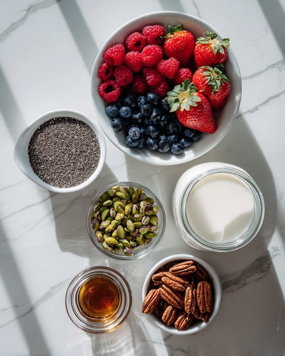 The image shows six small white bowls and a clear glass jar arranged on a white marbled surface. The largest white bowl at the top center is filled with three sections of fresh berries: red raspberries on the left, dark blue blueberries in the middle, and bright red strawberries with green leaves on the right. To the left, a medium white bowl contains small black and white chia seeds spread evenly. Below that is a small clear bowl with dark amber maple syrup. To the right, a small white bowl holds green pistachio nuts. At the bottom center, a small white bowl contains brown pecan nuts. The clear glass jar on the right side is filled with white milk, showing a creamy texture. The items are lit by bright light casting soft shadows. Photo taken with an iphone --ar 4:5 --v 7