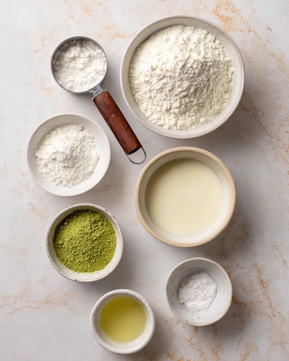 The image shows seven small white bowls and a metal measuring cup with a wooden handle placed on a white marbled surface. The top row has one large bowl filled with white flour in the middle and a bowl with creamy white liquid to the right. The metal measuring cup on the left side is filled with a white granulated ingredient. Below, in the middle row, there is a bowl with a frothy yellow liquid. Below this row, there are four small white bowls: one with green powder on the left, a bowl with white powder to the right, a tiny bowl filled with a clear liquid on the far left, and another tiny bowl with a white substance next to the green powder. Photo taken with an iphone --ar 4:5 --v 7