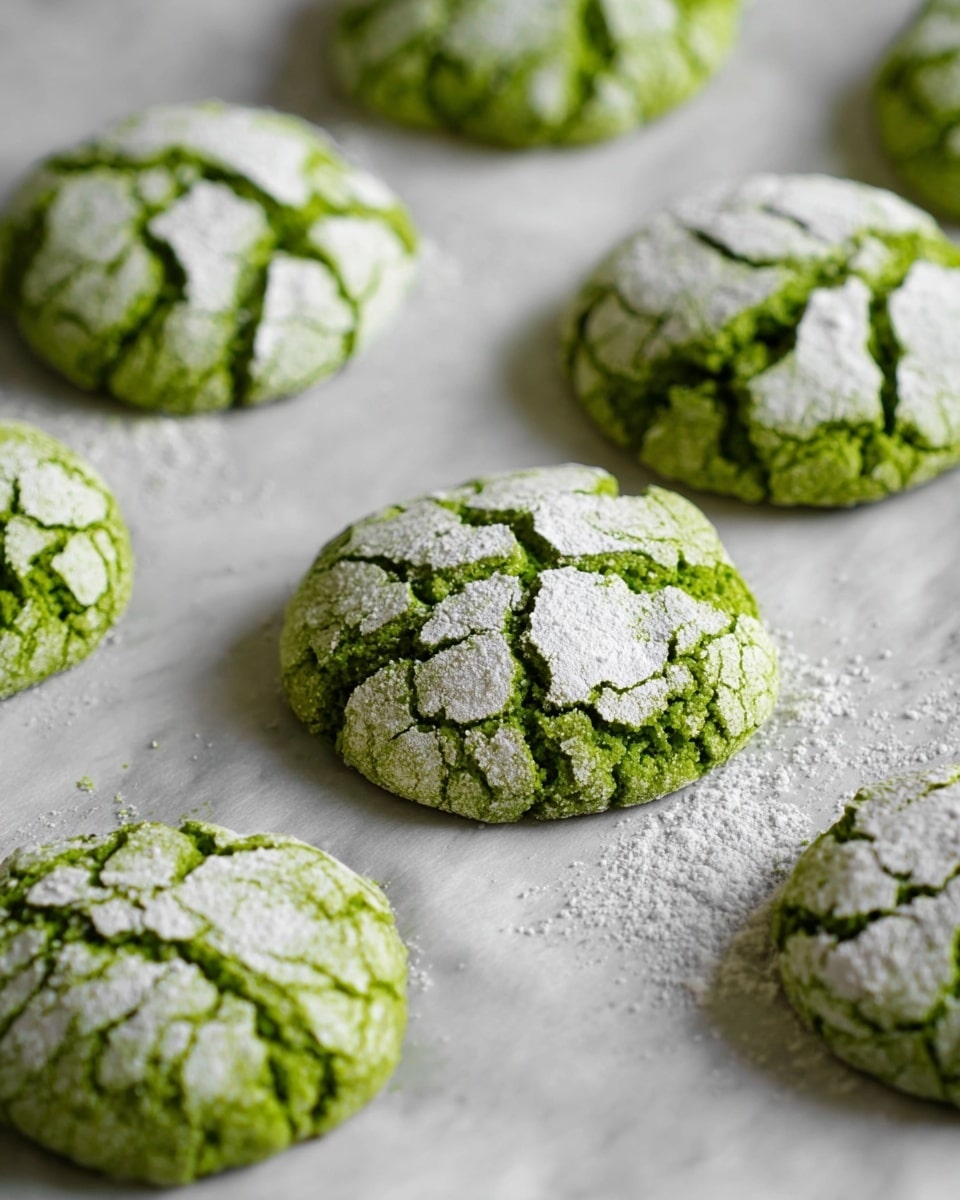 The image shows six green crinkle cookies on a white marbled textured surface covered with white parchment paper. Each cookie has a rounded shape with cracks and a rough texture. The cookies are covered in a thin layer of white powder that highlights the green color beneath, creating a clear contrast. The cookies are spread out randomly, filling the frame, with some in sharp focus and others blurred softly in the background. photo taken with an iphone --ar 4:5 --v 7