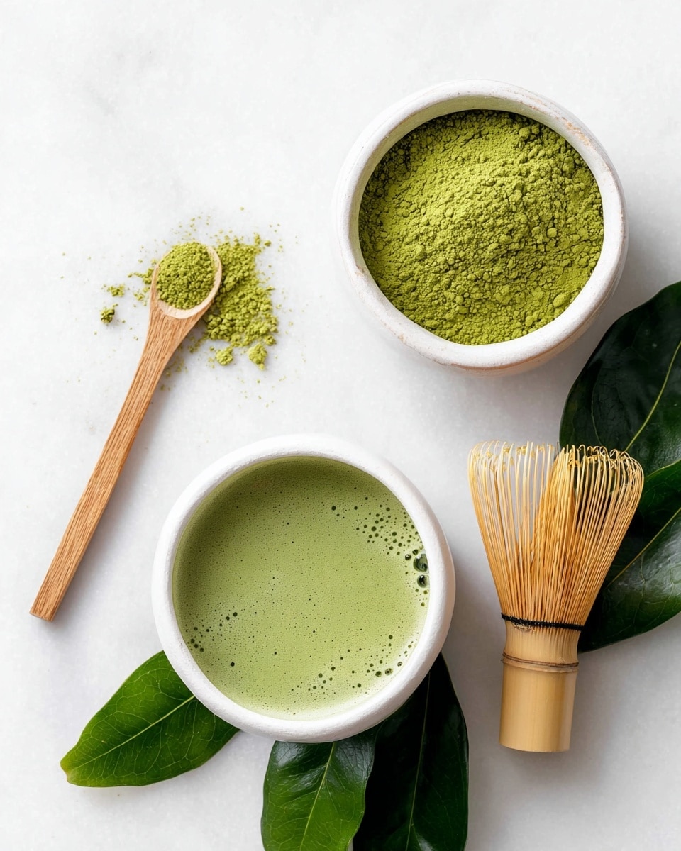 A white bowl filled with a smooth light green matcha tea with small bubbles on the surface is set on a white marbled texture. Above it, there is a white bowl filled with bright green matcha powder. To the left, a wooden spoon holds a small amount of matcha powder, with some spilled on the surface. A traditional bamboo matcha whisk with fine wooden tines lies to the right of the bowls. Two dark green shiny leaves rest partially under the tea bowl, adding a natural touch. Photo taken with an iphone --ar 4:5 --v 7