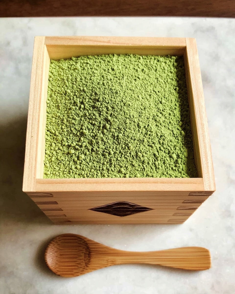 A wooden square box with evenly spaced corners, filled to the top layer with fine green powder that looks soft and smooth, covering the entire surface flatly and neatly; the box sits on a white marbled surface with a small wooden spoon placed beside it. photo taken with an iphone --ar 4:5 --v 7