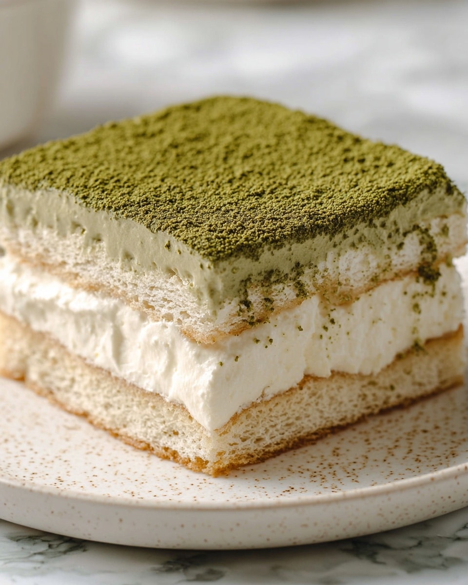 The image shows a close-up of a square dessert slice on a white plate with a light speckled edge, placed on a white marbled surface. The dessert has three main layers: the bottom layer is a soft, light beige sponge-like texture, the middle layer is a thick, creamy white filling, and the top layer is another soft sponge layer similar to the bottom. On top of the dessert is a thick dusting of green powder, evenly covering the surface with a slightly rough texture. The dessert looks moist and soft with the layers clearly visible from the side. photo taken with an iphone --ar 4:5 --v 7