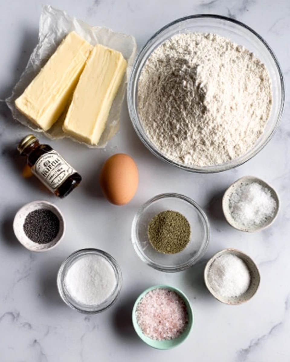 The image shows various baking ingredients arranged neatly on a white marbled surface. There is a large clear glass bowl filled with white flour placed on the right. Next to it are two sticks of butter with paper wrappers partially open, revealing the butter inside, sitting on the left. In front of the butter is a small glass bowl with white sugar. Moving to the center, there is a brown egg, a bottle of vanilla extract, a small mound of black seeds (likely chia or poppy seeds), a small bowl with a green powder, a small bowl of white powder (baking powder or baking soda), and a small bowl with pink salt. Each element is clearly visible with natural daylight lighting. Photo taken with an iphone --ar 4:5 --v 7