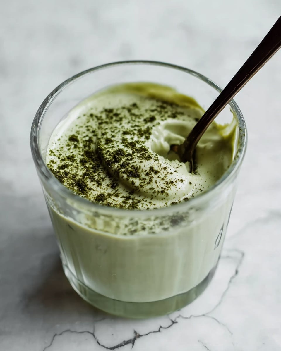 A clear glass holds a creamy, light green mousse-like dessert with a smooth texture, topped with a sprinkling of dark green powder evenly spread over the surface. A dark spoon is placed inside the glass, lightly scooping the mousse near the top edge. The glass sits on a white marbled surface, showing some texture and cracks beneath. photo taken with an iphone --ar 4:5 --v 7