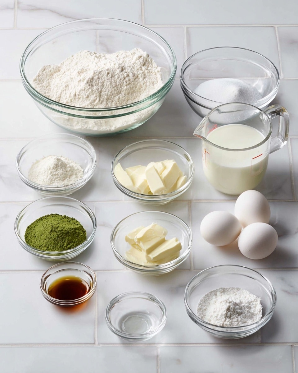 A collection of clear glass bowls and a measuring cup arranged neatly on a white marbled surface, containing baking ingredients. From left to right, the back row has a large bowl filled with white flour, a medium bowl with white sugar, and a clear measuring cup with light cream milk. The front row has, starting from left, a small bowl with green matcha powder, a small bowl with soft pale yellow butter slices, a small bowl with clear egg whites, a tiny bowl with amber vanilla extract, two whole white eggs placed next to a small bowl of white powder (likely baking powder), and another tiny bowl with white powder (possibly salt). The background is white tiled with subtle grout lines. Photo taken with an iphone --ar 4:5 --v 7