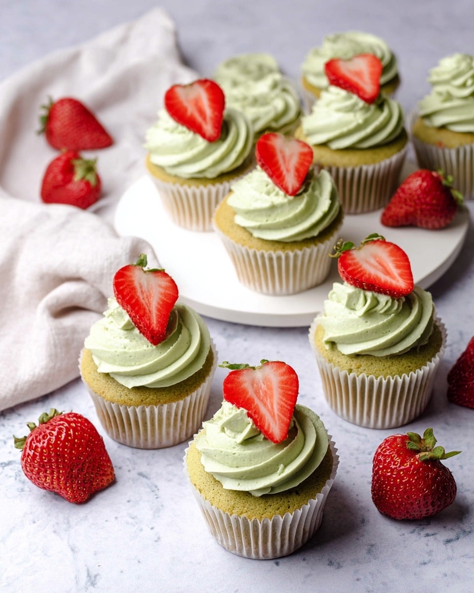 There are eight cupcakes with green frosting swirled thickly on top, each topped with a half strawberry showing its bright red inside. The cupcakes sit in white paper liners, and most are on a round white plate with some off to the side on a white marbled surface. Loose whole strawberries are scattered around the cupcakes. There is a soft white cloth nearby. The frosting looks smooth and creamy with a light green color contrasting the red strawberries. photo taken with an iphone --ar 4:5 --v 7