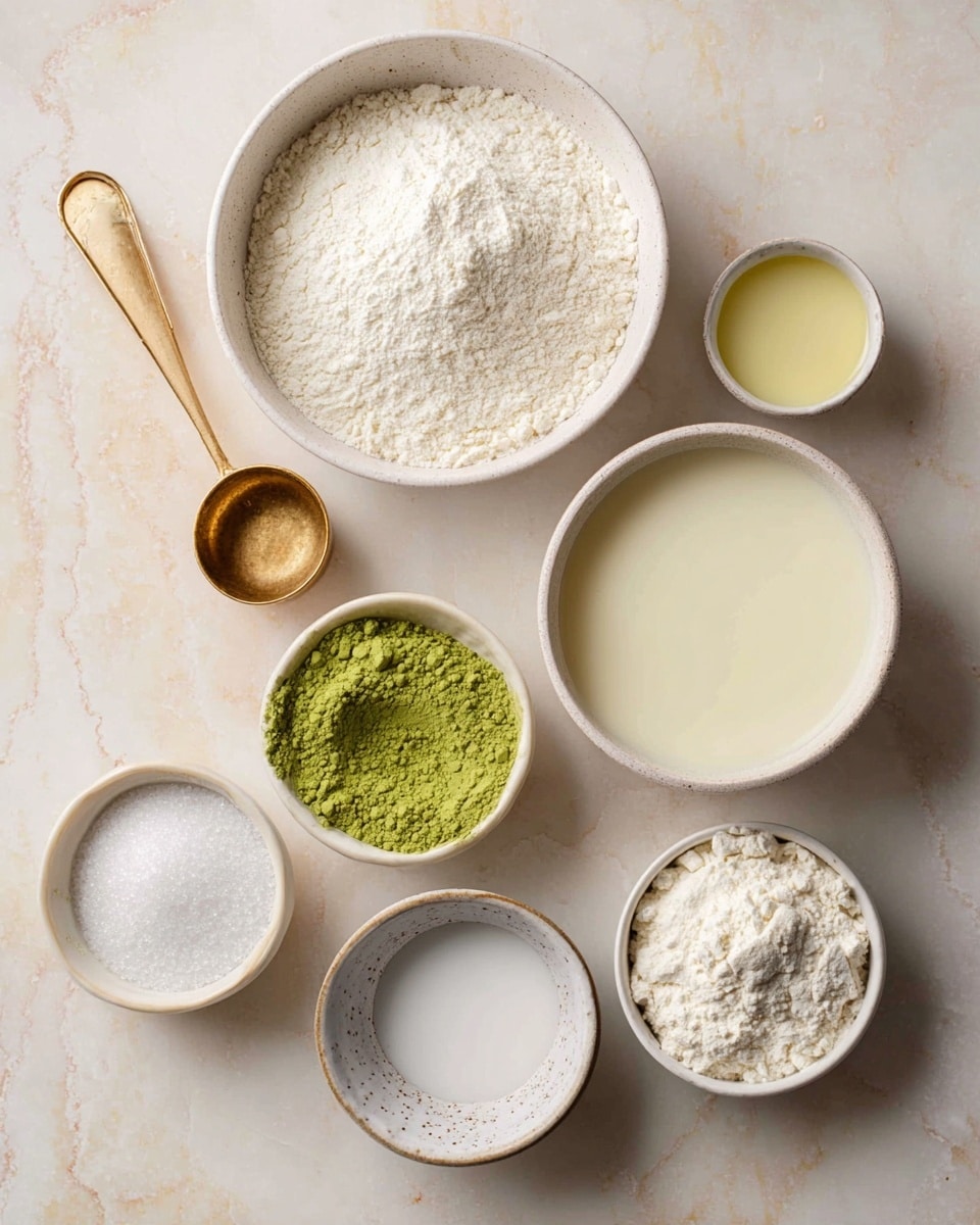 The image shows eight small white bowls and a gold measuring cup with a wooden handle on a white marbled surface. The largest bowl at the top center holds white flour with a slightly rough texture. To the right, a medium bowl is filled with smooth, off-white liquid, and to the left, another medium bowl contains a light yellow frothy liquid. Below these, several smaller bowls hold different ingredients: one has bright green matcha powder with a soft, powdery texture, another has a fine white powder, and a third small bowl contains a thick white powder. A tiny bowl at the bottom left holds a clear liquid. The gold measuring cup full of coarse white sugar with a rough texture rests on the left side. The arrangement is neat and well-lit. photo taken with an iphone --ar 4:5 --v 7