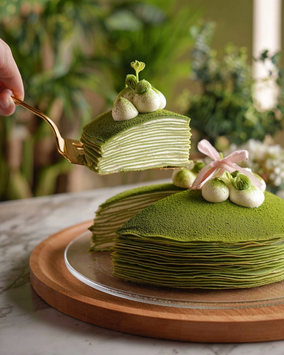 A slice of green layered crepe cake lifted by a golden spatula held by a woman's hand shows about 15 thin, even layers of light green crepes and cream stacked neatly. The top of the cake and slice are dusted with fine green powder, with small light green cream dollops as decoration, one on the slice and three on the whole cake, one of them tied with a light pink ribbon. The cake sits on a clear round plate placed on a round wooden board, all on a white marbled textured surface with blurred green plants in the background. Photo taken with an iphone --ar 4:5 --v 7