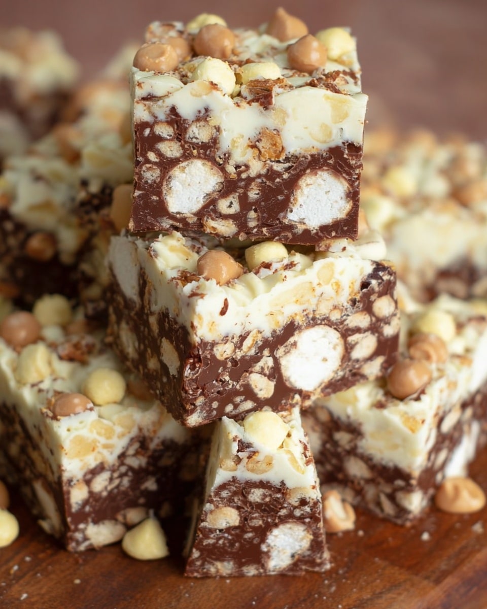 The image shows several stacked square treats made of two main visible layers. The bottom layer is thick and dark brown with white marshmallow chunks and light crispy pieces mixed inside, giving it a rough, bumpy texture. The top layer is thinner, pale cream-colored with a smooth, wavy surface. This layer is sprinkled with small, round milk chocolate pieces and light beige crunchy bits. The treats are stacked closely together on a wooden surface. The overall color mix is dark brown, white, and cream with spots of light brown and milk chocolate. photo taken with an iphone --ar 4:5 --v 7