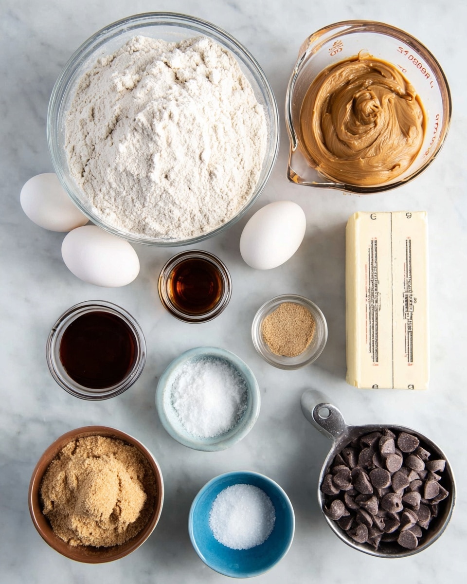 The image shows a flat white marbled surface with baking ingredients arranged neatly. In the center is a large clear glass bowl filled with white flour. Above and to the left is a glass measuring cup filled with smooth brown peanut butter. Two white eggs are placed below the measuring cup. Next to the eggs is a small glass container with dark brown vanilla extract. Below, there are three small round bowls in a row: a white bowl with white granulated sugar, a brown bowl with a beige powder (likely baking soda), and a blue bowl with white coarse salt. To the right of the blue bowl is a small rectangular block of butter with measurement marks on the wrapper. On the upper right, there is a white bowl filled with light brown packed brown sugar, and below it, a metal measuring cup filled with dark chocolate chips. The setup is organized and ready for baking. photo taken with an iphone --ar 4:5 --v 7