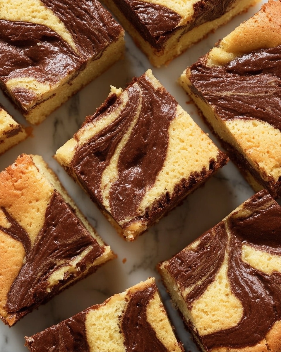 The image shows a close-up of a baked dessert cut into several square pieces. Each piece has two main layers: a light golden cake layer with a soft, slightly porous texture on top, and a thick layer of shiny, smooth dark brown chocolate swirled unevenly throughout the cake. The chocolate forms bold, irregular streaks and patches across the surface, contrasting with the pale cake. The pieces are arranged closely together on a white marbled surface, displaying the rich swirl pattern clearly. Photo taken with an iphone --ar 4:5 --v 7