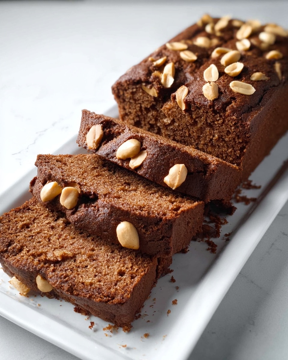 A dark brown loaf cake with a soft and moist texture sits on a white rectangular plate placed on a white marbled surface. The cake is topped with numerous light beige peanut halves unevenly scattered across the top layer. The loaf has been sliced into five pieces, with the three front slices slightly fanned out to reveal the dense, moist interior filled with embedded peanut bits. There are small crumbs around the base of the slices, adding to the natural look of the cake. The lighting gently highlights the cake's rich color and texture. photo taken with an iphone --ar 4:5 --v 7