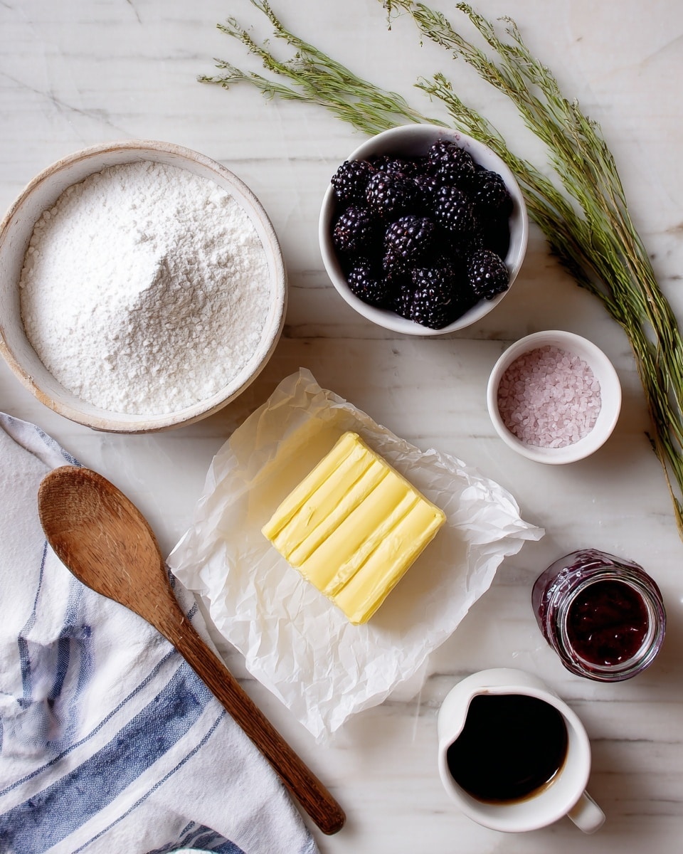 A top view of baking ingredients arranged on a white marbled surface: a large bowl filled with white powdered sugar on the left, next to it a wooden spoon lying on a white cloth with blue stripes; in the center, an open sheet of white paper holds a block of yellow butter with soft texture and indentation marks; above it, a white bowl contains glossy blackberries with a deep purple-black color; to the right, a small jar of dark red jam, a small white bowl with pink salt, and a small white cup with a dark liquid, possibly vanilla extract, complete the scene; a bundle of green herb stems is placed horizontally above the bowls, with a delicate texture. photo taken with an iphone --ar 4:5 --v 7
