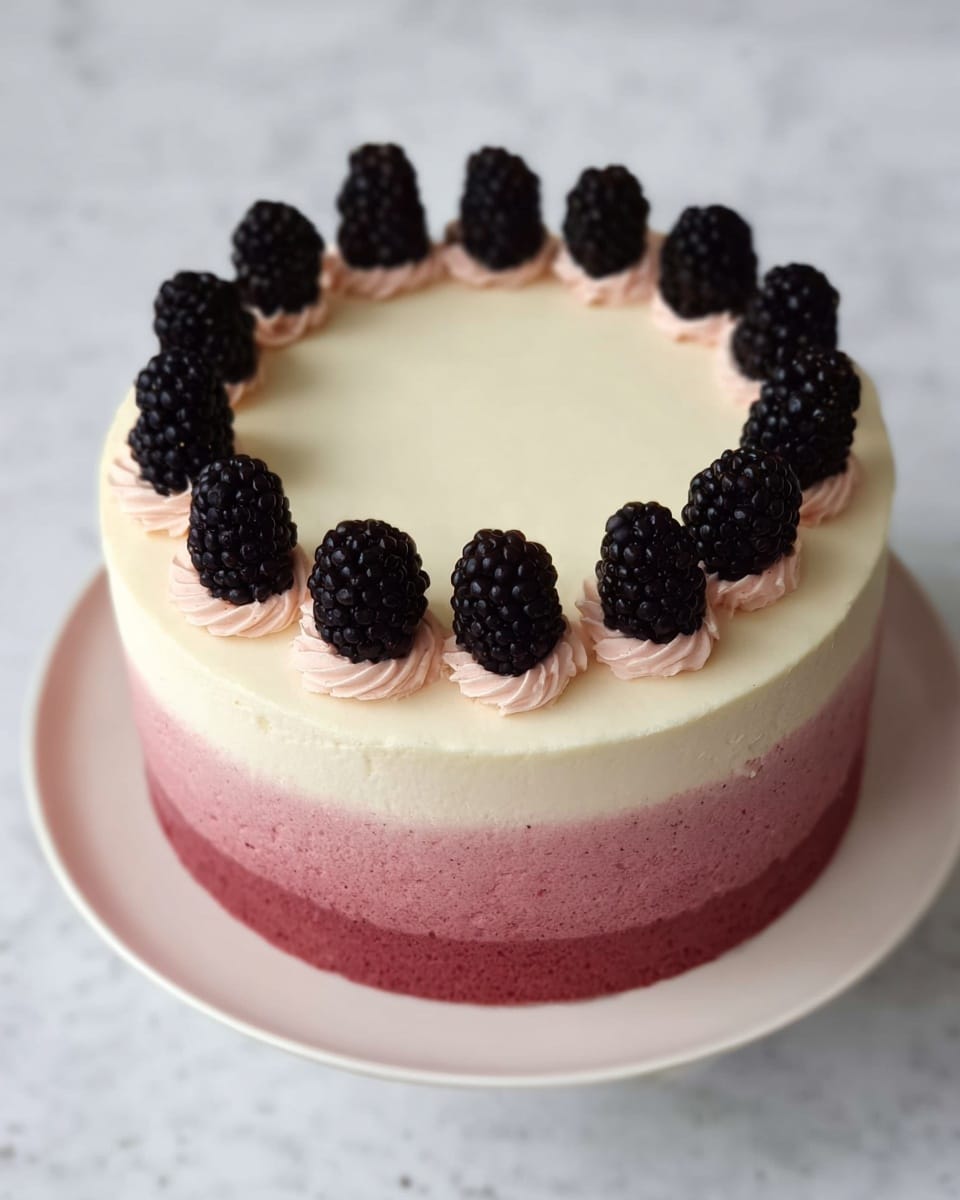 A round, two-layer cake sits on a white plate with a white marbled texture background. The bottom layer of the cake is a deep pinkish-red color with a smooth texture, while the top layer is a creamy off-white, also smooth. Around the edge of the top surface, there are evenly spaced blackberries, each placed on a small dollop of light pink cream, creating a neat ring. The overall look is clean and simple with clear color contrast between the layers and the blackberries standing out on top. Photo taken with an iphone --ar 4:5 --v 7