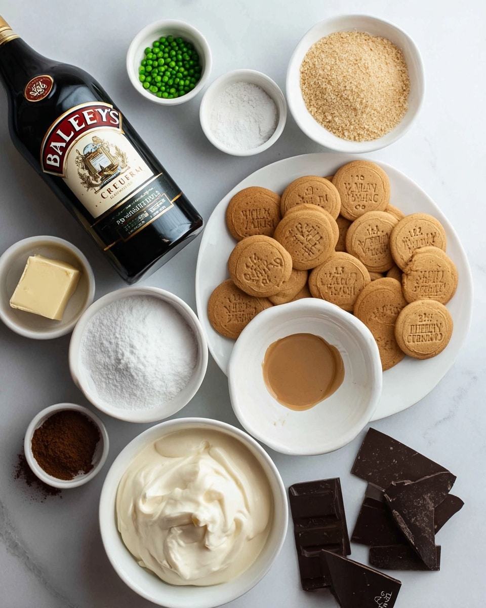 The image shows various ingredients arranged neatly on a white marbled surface. On the right side, there is a white plate filled with round light brown cookies, each with visible text imprinted on top. Surrounding the plate are small white bowls; one with green pearl-like toppings, another with white powdered sugar, one with a dark brown powder, one with a square of butter resting on a light brown syrup, one with white cream, and another with broken pieces of dark chocolate. To the left side stands a tall, dark bottle labeled Baileys Irish Cream. The composition gives a clear view of all ingredients in a tidy and organized manner photo taken with an iphone --ar 4:5 --v 7