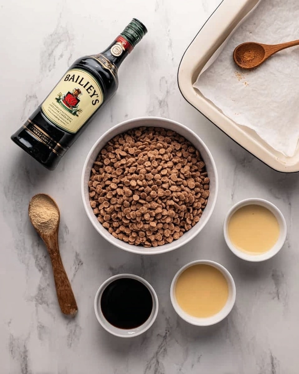 The image shows a white bowl filled with brown round cereal pieces in the center on a white marbled surface. Above the bowl is a white baking pan lined with paper. To the left, there is a dark bottle labeled Baileys and a wooden spoon with a beige powder. To the right of the bowl, there are three small white bowls filled with dark brown, cream, and light yellow liquid ingredients arranged in a row. A woman's hand is holding the wooden spoon on the right side. photo taken with an iphone --ar 4:5 --v 7