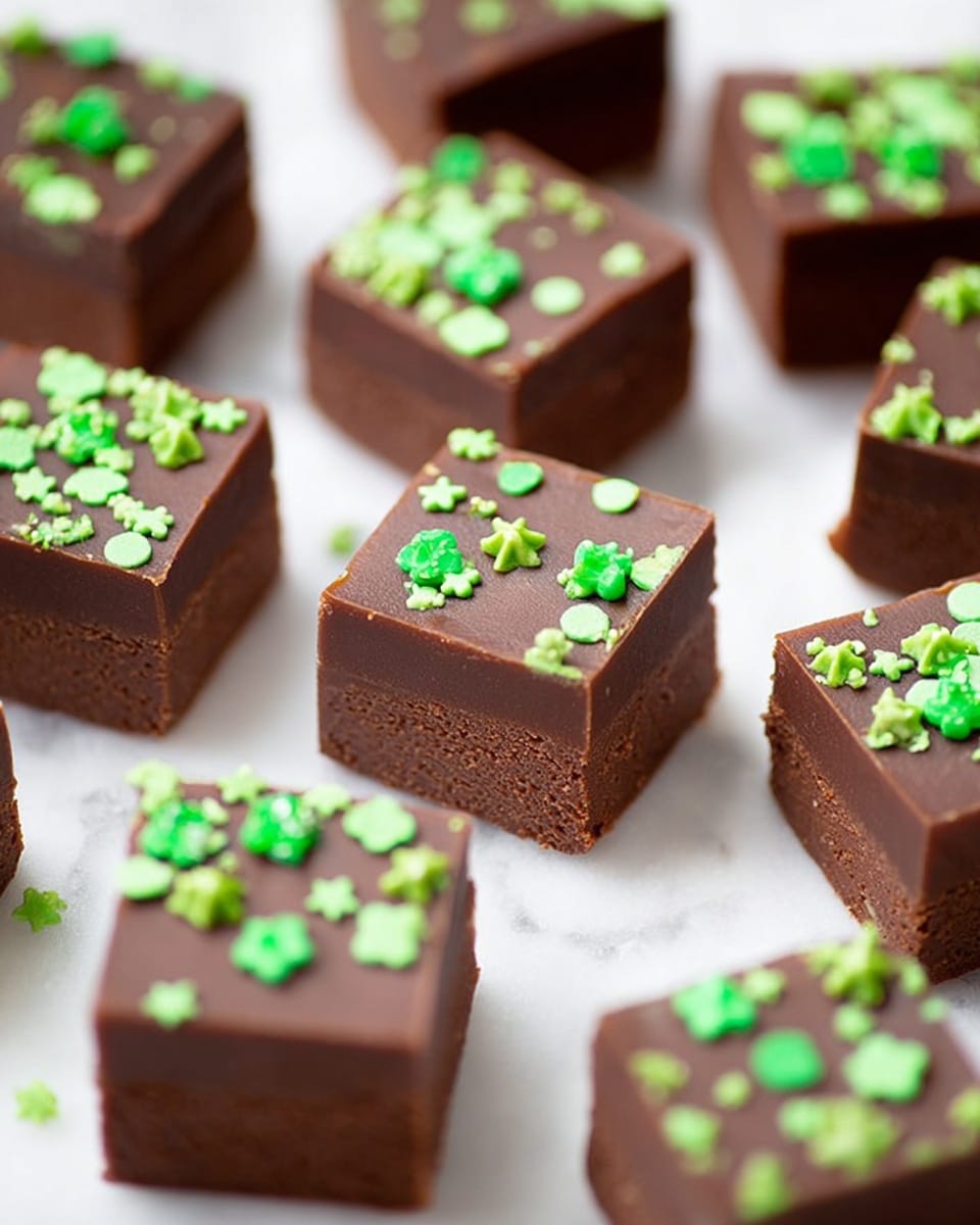 The image shows several small square chocolate fudge pieces placed on a white marbled surface. Each piece has two visible layers: a slightly darker chocolate base layer with a soft and dense texture, and a smooth lighter brown chocolate top layer. The top layer is decorated with small green round and star-shaped sprinkles scattered unevenly across each piece. The fudge squares are arranged in a loose grid pattern with some pieces closer to the camera, showing more detail in texture. photo taken with an iphone --ar 4:5 --v 7