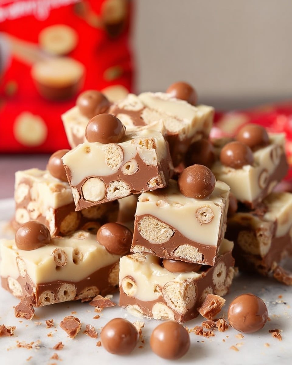 A pile of square fudge pieces sits on a white marbled surface, each piece showing two main layers. The bottom layer is thick and smooth milk chocolate brown with round light beige cookie or cereal pieces embedded inside. The top layer is thinner, creamy white with a slightly wavy texture and small crushed bits scattered across it. On top of many squares are round milk chocolate balls adding a shiny texture. Some chocolate balls and crumbs are scattered around the main pile, showing the treat’s crunchy and smooth mix. In the background, a blurred red bag with hazelnut images adds a pop of color. Photo taken with an iphone --ar 4:5 --v 7