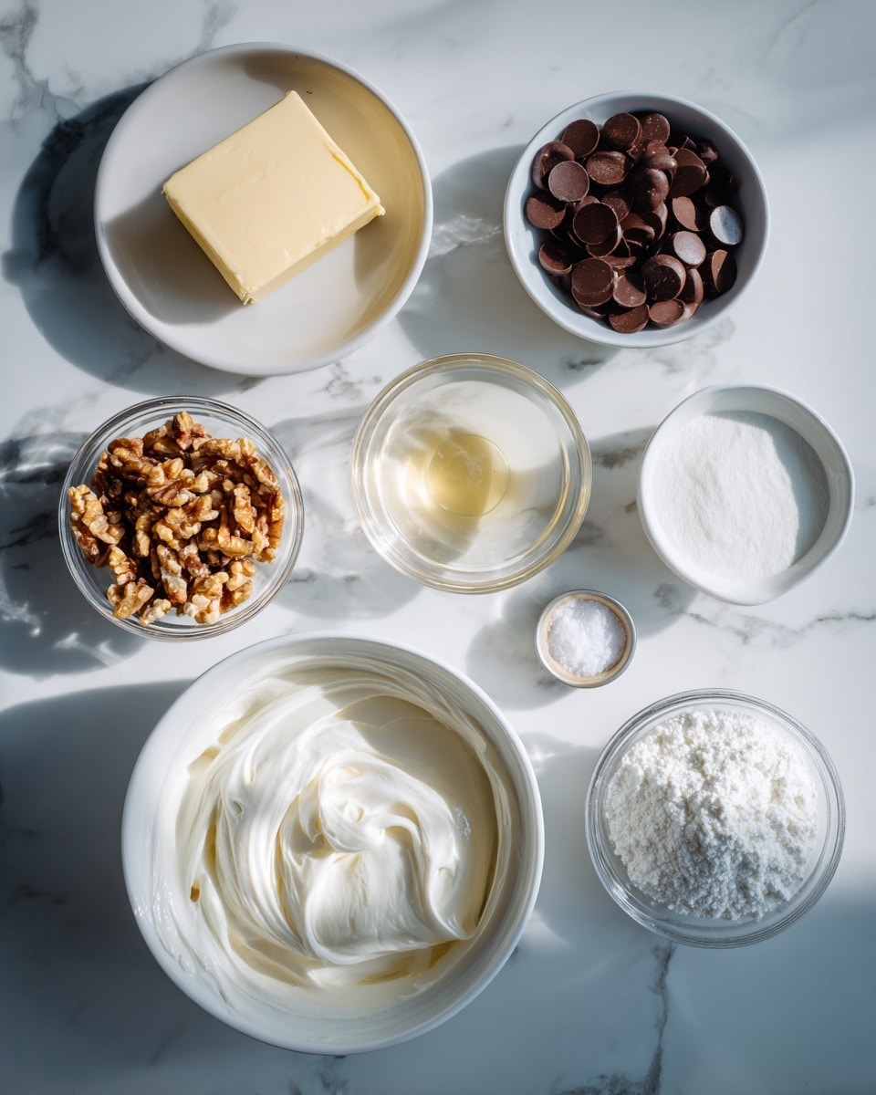 The image shows eight bowls arranged on a white marbled surface, each containing different ingredients for baking or dessert making. The largest bowl at the bottom left holds a smooth, glossy white whipped mixture. To its immediate right is a small clear bowl with a rectangular pale yellow block of butter. Next to the butter is another small clear bowl with a light cream liquid. Above these are three bowls: one white bowl filled with many round dark brown chocolate pieces, one white bowl with round milk chocolate pieces, and a small clear bowl containing vanilla extract. Between the chocolate bowls and the butter is a small clear bowl filled with roughly chopped walnuts. Finally, on the far right, there is a bright white bowl filled with white granulated sugar, with a tiny clear bowl containing salt placed above it. The lighting is bright and natural, highlighting the textures and colors of the ingredients clearly. Photo taken with an iphone --ar 4:5 --v 7