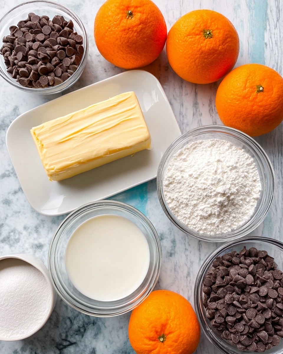 The image shows several baking ingredients arranged on a white marbled surface. In the center is a white plate with a rectangular piece of light yellow butter and a transparent glass bowl filled with white cream. Surrounding them are three whole bright orange oranges, a large clear bowl full of white sugar, a white container with white powder inside, and another clear bowl filled with many small dark brown chocolate chips. The colors are vibrant with clear textures of the smooth butter, creamy liquid, and round chocolate pieces. Photo taken with an iphone --ar 4:5 --v 7
