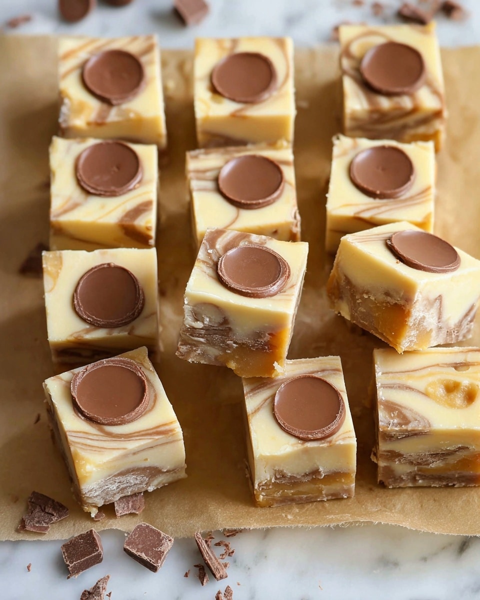 The image shows a collection of small square fudge pieces placed on a light brown parchment sheet, set over a white marbled surface. Each fudge piece has visible layers with a creamy, pale beige base marbled with light brown swirls, and is topped with a round milk chocolate candy embedded into the top surface. The fudge squares are neatly cut, and a few are slightly tilted or stacked, showing a smooth texture with a shiny finish, and some pieces reveal a soft caramel filling inside. Small chocolate bits are scattered lightly around the fudge, adding extra detail photo taken with an iphone --ar 4:5 --v 7