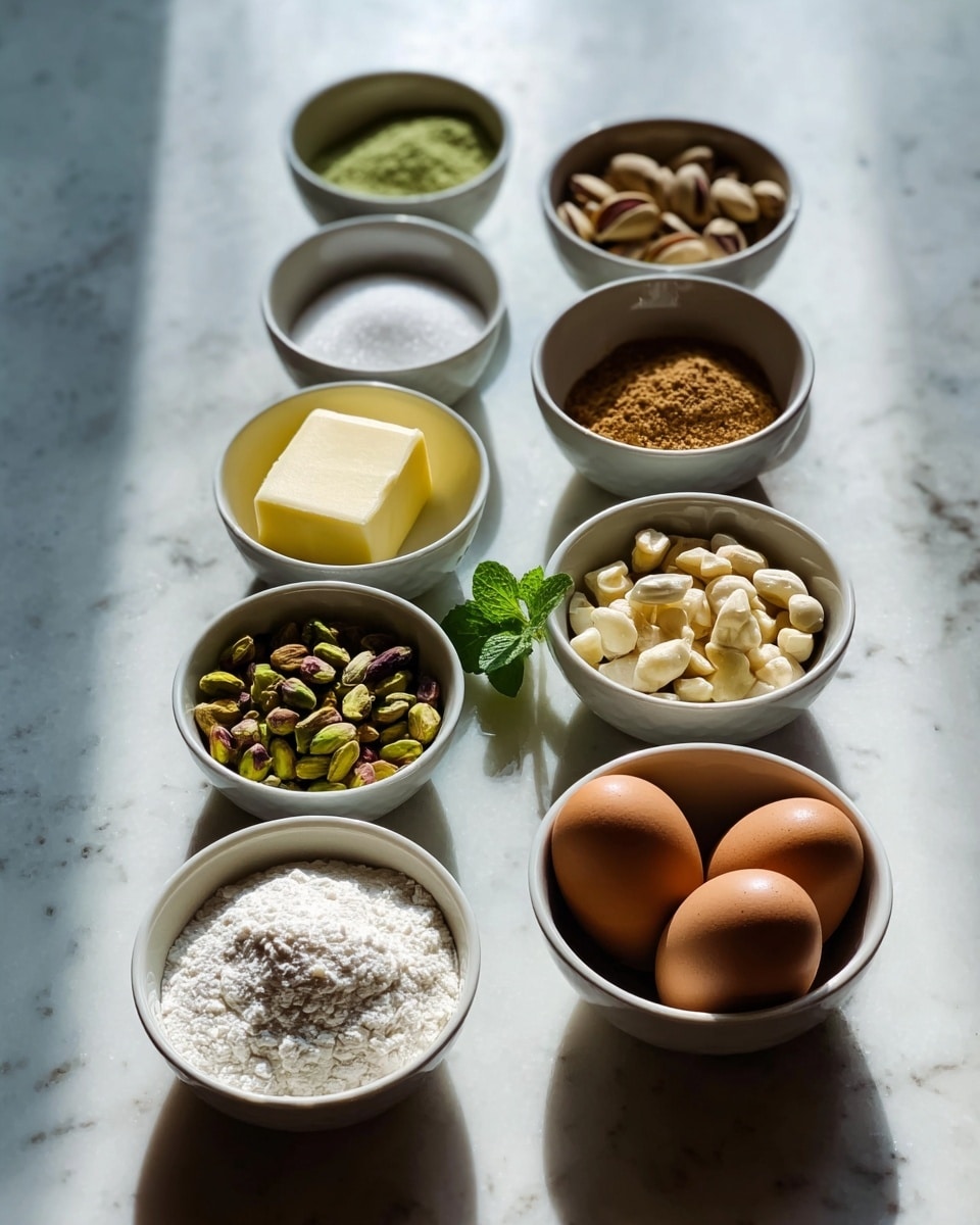 This image shows two rows of small white bowls arranged on a white marbled surface. The left row from front to back holds a bowl of white salt, light brown sugar, green powder, a cube of yellow butter, white granulated sugar, and brown spices. The right row from front to back holds a bowl of green and brown pistachios, white chocolate chips, amber-colored syrup, white flour, and two brown eggs in separate bowls. In the middle between the rows is a small green mint leaf. The lighting is soft and natural, highlighting the textures and colors of the ingredients. Photo taken with an iphone --ar 4:5 --v 7