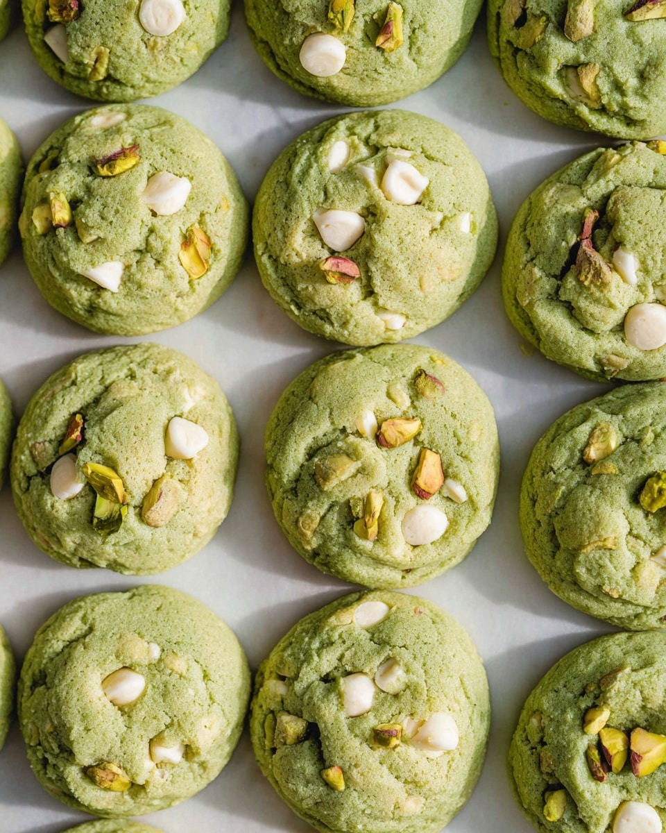 The image shows a top view of 15 soft green cookies arranged neatly in rows on a white marbled surface. Each cookie is round with a slightly uneven texture, giving a homemade look. The green dough is studded with white chocolate chips and small pieces of chopped pistachios, creating spots of white and yellow-green on the surface. The cookies have a soft and puffy appearance with slight cracks and folds. The lighting highlights the gentle texture and colors of the cookies, making them look fresh and inviting. photo taken with an iphone --ar 4:5 --v 7