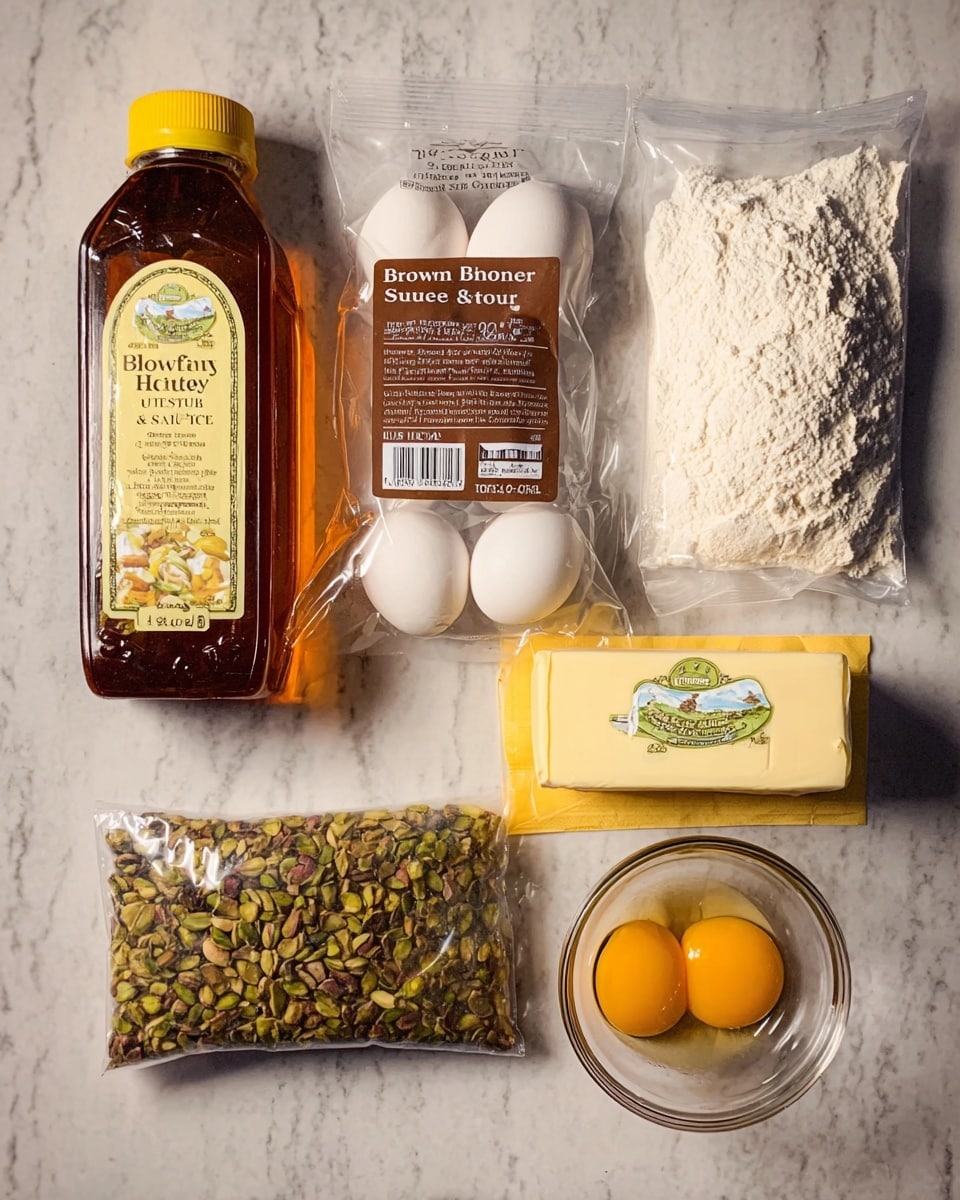 The image shows ingredients for baking arranged on a white marbled surface. There is a clear plastic bottle of honey with a yellow cap on the left, next to a sealed plastic bag of brown sugar labeled