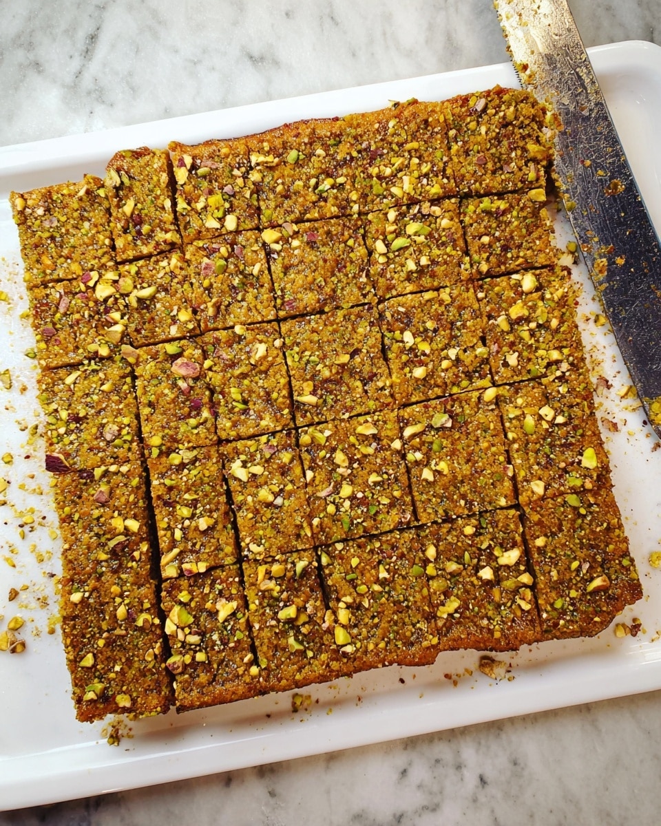 A rectangular tray holds a large square dessert divided into 30 smaller squares by incision. This dessert has two visible layers: a thick, golden-brown base layer with smooth texture and a generous topping of chopped pistachios in various shades of green and brown, scattered evenly across the surface. The tray is white, placed on a white marbled surface, and a knife is visible on the right edge. Photo taken with an iphone --ar 4:5 --v 7