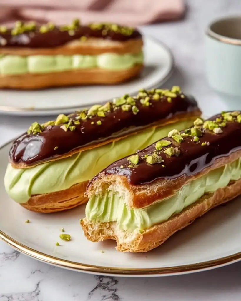 Chocolate-Dipped Pistachio Éclairs with Pistachio Pastry Cream Recipe