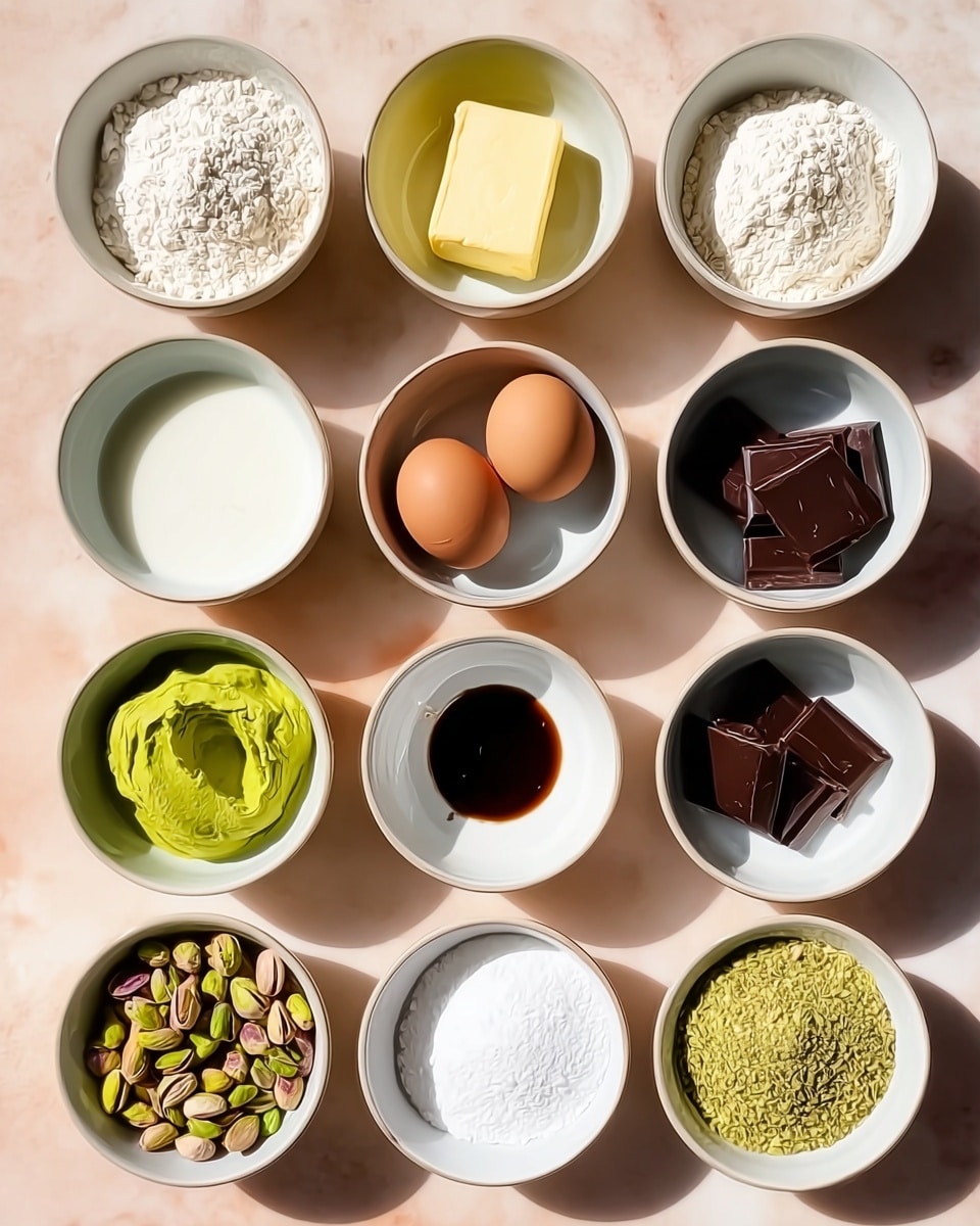 There are twelve white bowls arranged in a neat grid on a soft pink background over white marbled texture. The top row has a bowl filled with white flour, next to it is a bowl with a block of yellow butter with a smooth, creamy texture, and the last bowl holds three brown eggs. The second row starts with a bowl of white liquid, probably milk, followed by a bowl filled with whole pistachio nuts with green and brown shells, then a bright green paste with a thick, smooth look. The third row contains a bowl of white powdered sugar, a small bowl with dark brown vanilla extract, and a bowl with several dark brown chocolate squares that look smooth and shiny. The last row has a bowl of white sugar, a bowl with a fine white powder, and a bowl filled with a mixture of crushed green pistachio pieces, some whole, some broken. The light is bright and soft, casting gentle shadows, and the photo was taken with an iphone --ar 4:5 --v 7