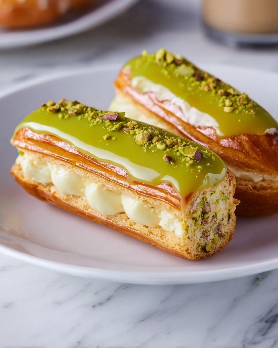 A white plate with two éclairs on a white marbled surface, one éclair is whole and the other is cut in half showing the creamy white filling inside. Each éclair has three visible light golden brown layers of choux pastry with a smooth, shiny bright green pistachio glaze on top, sprinkled with small crushed pistachio nuts. The éclairs have soft and airy texture inside with a rich creamy filling. Photo taken with an iphone --ar 4:5 --v 7