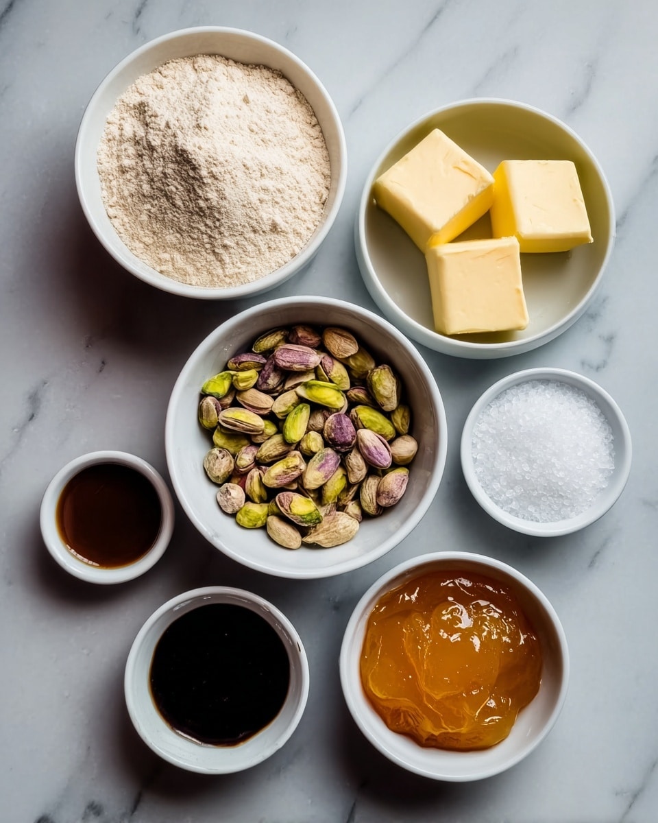 The image shows six small white bowls arranged on a white marbled surface. The top left bowl contains a light beige powdery flour, next to it on the right is a bowl with three yellow butter cubes. Below the flour is a bowl full of mixed pistachios with green, brown, and purple shells. To the right of this bowl is a white bowl filled with white sugar crystals. Below the sugar is another bowl holding shiny orange apricot jam with a smooth texture. At the bottom left, a tiny white bowl contains a small amount of dark brown vanilla extract. The photo was taken with an iphone --ar 4:5 --v 7