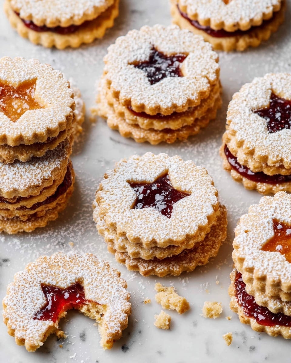 The image shows many round sandwich cookies with scalloped edges on a white marbled surface. Each cookie has two light golden-brown layers, dusted with powdered sugar on top. The top cookie layer has a small star-shaped cutout in the center, revealing colorful jams inside, including deep red and amber shades. Some cookies are stacked while others lie flat, and a couple have small bites taken out, showing the thick jam filling between the layers. There are some scattered crumbs around the cookies. photo taken with an iphone --ar 4:5 --v 7