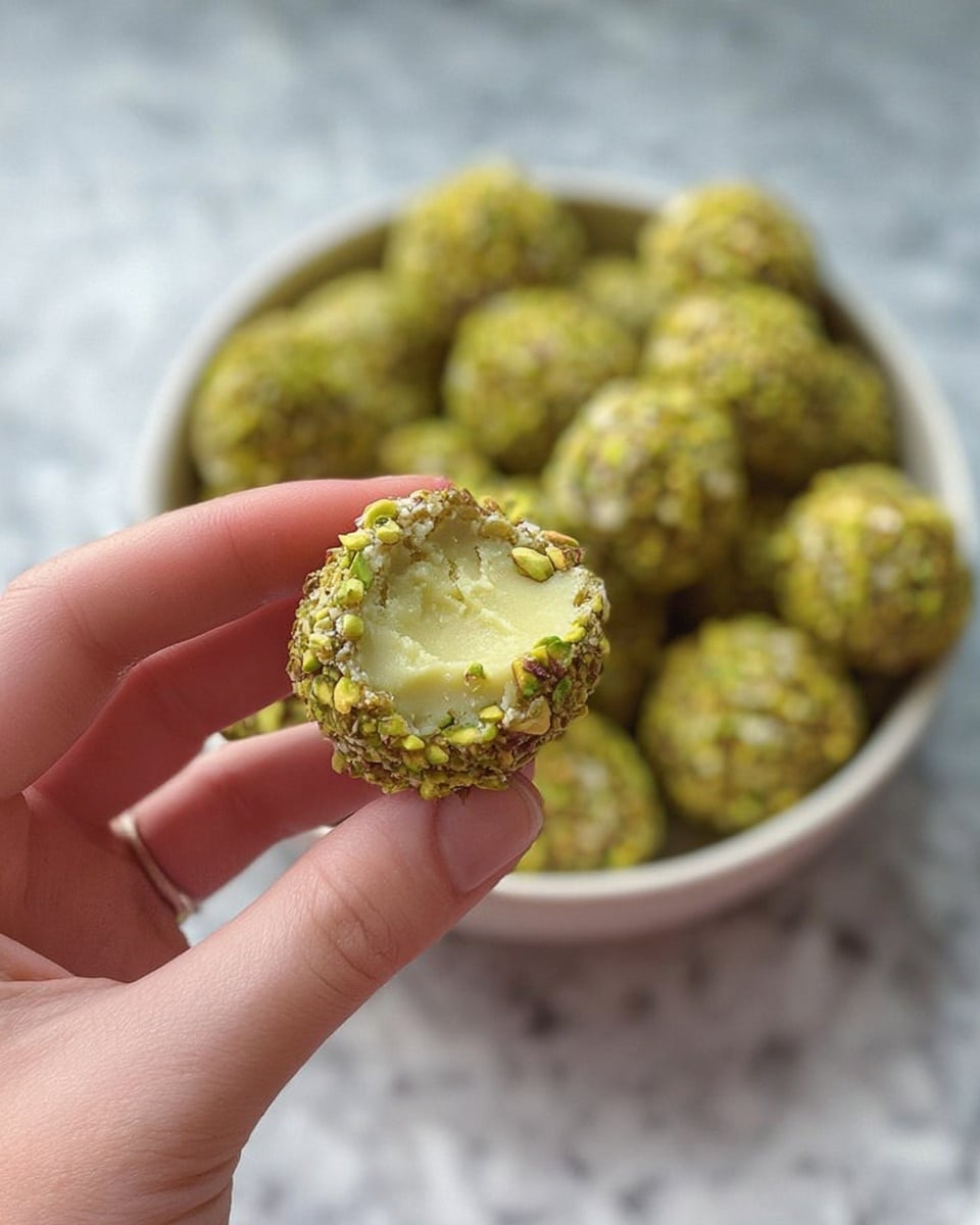 A woman's hand is holding a small round treat that is coated in crushed green pistachio nuts, showing its soft, pale green inside with creamy texture. In the background, there is a white bowl filled with many similar treats, all coated with the same crushed nuts, sitting on a white marbled surface. The focus is on the held treat with the rest softly blurred, giving a clear look at the rough nut coating and smooth inside. photo taken with an iphone --ar 4:5 --v 7