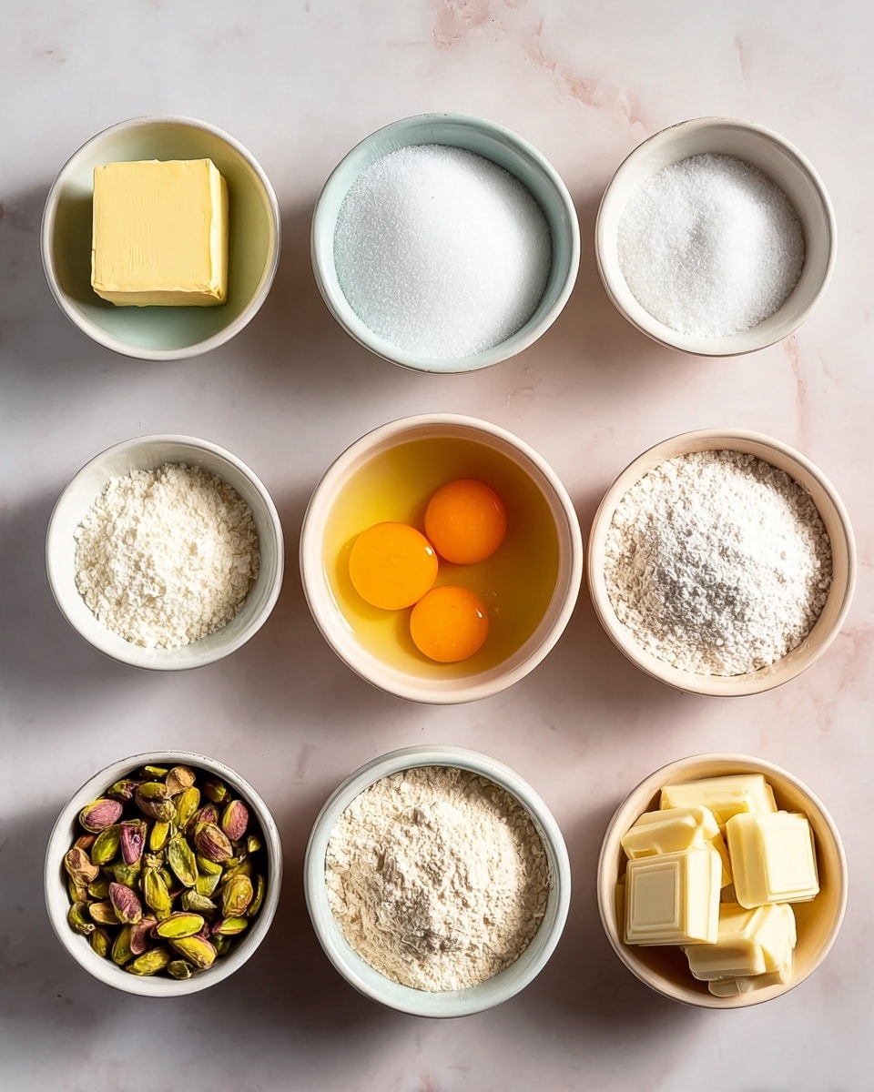 Nine small white bowls are neatly arranged on a white marbled surface in three rows. The top row has a bowl with a square block of pale yellow butter, next to a bowl filled with white granulated sugar, and another bowl of smaller white granulated sugar. The middle row shows a bowl with white powdered sugar, a bowl with three bright orange egg yolks immersed in clear liquid, and a bowl filled with light beige flour that looks slightly packed. The bottom row features a bowl with more white granulated sugar, a bowl with greenish-brown pistachio nuts, and a bowl filled with stacked pieces of white chocolate. The lighting is soft and natural, casting gentle shadows. photo taken with an iphone --ar 4:5 --v 7