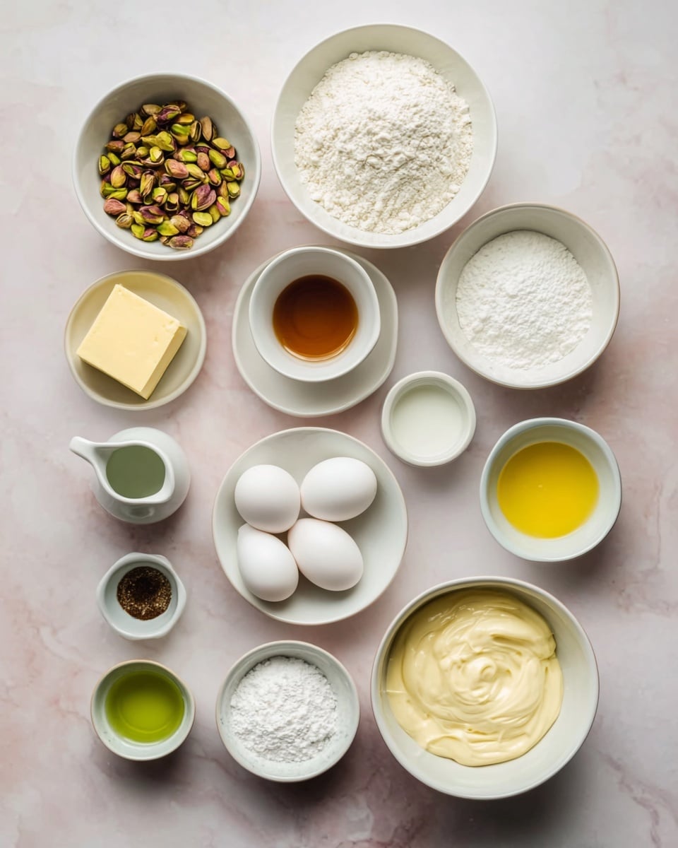 The image shows twelve white bowls and small containers arranged neatly on a white marbled surface. At the top, three white bowls hold green and brown pistachios, white flour, and a block of yellow butter. Below them, smaller white dishes contain light sugar, golden syrup, and milk in a small pitcher. Near the center are three white eggs placed close together. Surrounding these are a tiny bowl of salt, a small container of green oil, white powdered sugar in a bowl, a bowl of thick creamy batter, and a bowl of yellowish cream. The overall look is clean and organized, with a soft natural light. Photo taken with an iphone --ar 4:5 --v 7