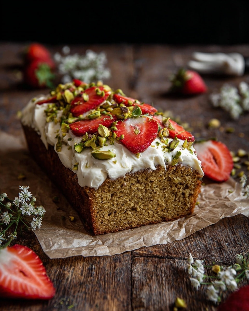A rectangular slice of brown cake with a soft, crumbly texture is topped with a thick layer of white cream. On the cream, there are chopped green pistachios and red sliced strawberries with green leaves, scattered evenly. The cake sits on brown parchment paper, placed on a rustic wooden surface with small white flowers and strawberry halves around it. The background is dark, making the cake colors stand out clearly. photo taken with an iphone --ar 4:5 --v 7
