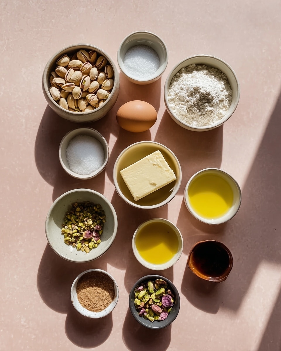 The image shows ten small white bowls arranged neatly on a light pink surface with shadows cast by sunlight. The bowls hold different ingredients: the largest bowl at the top left contains beige pistachio nuts, next to it on the right is a bowl filled with white flour. Below them are smaller bowls with white salt, white sugar, and a pale yellow block of butter. Another bowl contains a brown egg, and beside it is a bowl with yellow oil. There is a bowl with dark brown liquid, probably vanilla extract. Two bowls at the bottom hold small pieces of green and purple chopped pistachios, and a bowl with a light brown powdered spice is also present. The layout is clean and organized, with a focus on the varied textures and soft colors of the ingredients. photo taken with an iphone --ar 4:5 --v 7
