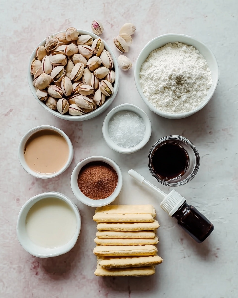 The image shows several white bowls and containers arranged on a white marbled surface. In the top left is a white bowl filled with whole pistachio nuts, displaying their beige shells with some light green and purple tones. To the right is another white bowl containing a heaped white powder, likely powdered sugar or flour, with a small dent in the center. Next to it is a smaller white bowl filled with fine white granules, possibly salt or sugar. Below these are three more white containers: one with a light beige creamy liquid, one with brown cocoa powder, and one with white granules. In the center is a small clear glass holding dark coffee or espresso. Below the glass is a neat stack of pale yellow rectangular biscuits with a soft texture and slight golden edges. On the right side near the biscuits is a small white bowl filled with a dark brown liquid, likely vanilla extract. Next to it is a dark bottle with a white dropper top. The whole setup is tidy and well-lit. photo taken with an iphone --ar 4:5 --v 7
