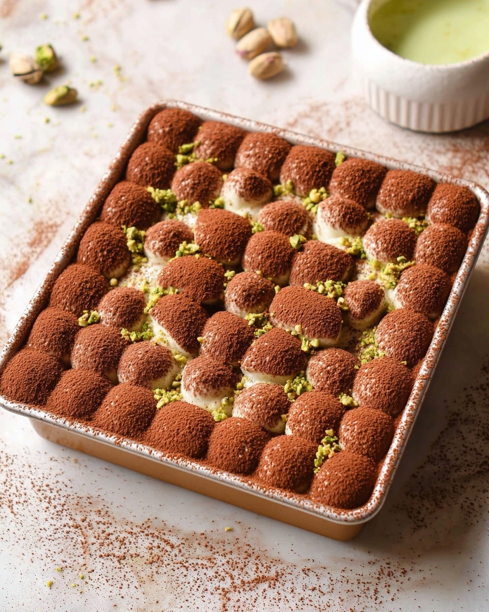 The image shows a square pan filled with a dessert that has several layers of round dollops arranged closely in a flower-like pattern. Each dollop is lightly dusted with cocoa powder giving a rich brown color and topped with small green pistachio crumbs scattered across the surface. The dessert has a light cream layer underneath the cocoa coating, visible in small spots. Around the pan is a white marbled surface with a small white bowl containing a light green sauce in the background and a few scattered pistachio nuts in the corners. photo taken with an iphone --ar 4:5 --v 7