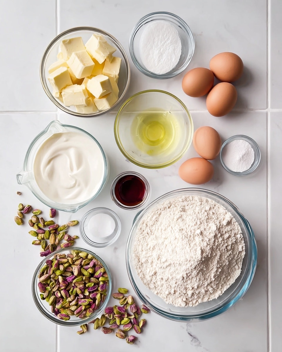 The image shows a top view of various cooking ingredients laid out on a white marbled surface with white tiled details. The ingredients include, from top right going clockwise: a large clear glass bowl full of white flour with a slightly powdery texture, a medium clear glass bowl holding light yellow cubed butter, a medium clear glass bowl filled with smooth white yogurt or cream, a glass measuring cup with light yellow oil, a small clear glass bowl containing dark brown vanilla extract, a medium clear glass bowl of light brown sugar with a soft granulated texture, three whole brown eggs with smooth shells placed side by side, a medium clear glass bowl filled with green and purple shelled pistachios with some pistachios spilled next to it on the surface, a small clear glass bowl of white salt, and two more tiny bowls with white baking soda and white water or other clear liquid. The colors range from light cream and beige to deep green and purple on the pistachios, creating a clean and organized feel. Photo taken with an iphone --ar 4:5 --v 7