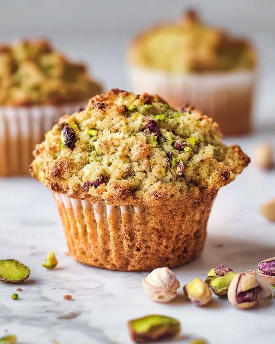 A single muffin sits in the center on a white marbled surface, with a rough, crumbly top layer that is golden brown and studded with whole and chopped pistachios showing green and purplish hues. The muffin base is a textured golden tan color with visible crumb details and ridges from the white paper liner. In the blurred background, two similar muffins are behind it, slightly out of focus. Scattered around the foreground are whole pistachio nuts in shades of beige shells with green insides. The lighting is soft, highlighting the crunchy texture and nut details, creating a warm and inviting feel. photo taken with an iphone --ar 4:5 --v 7