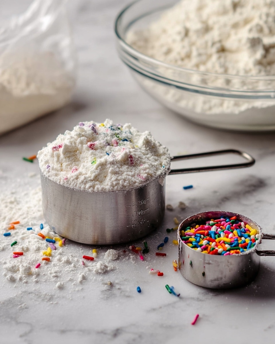 A white bowl filled with thick, creamy white dip that has colorful round and rod-shaped sprinkles mixed inside and scattered on top. The dip has a soft, swirled texture. The bowl sits on a white marbled surface surrounded by light brown rectangular graham crackers at the front, dark brown pretzels on the right side and behind, and small round cookies in the background. A blue cloth is slightly visible in the background. photo taken with an iphone --ar 4:5 --v 7
