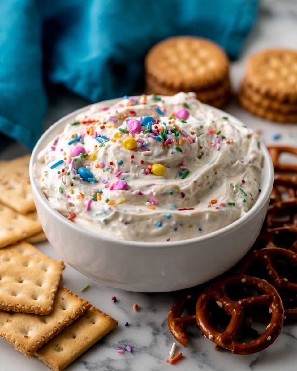 The image shows a close-up of a metal measuring cup filled with white flour that has small colorful sprinkles mixed in, sitting on a white marbled surface with some flour spilled around it. Next to it, on the right, is a smaller metal measuring cup filled with bright, multicolored round and rod-shaped sprinkles. In the background, a clear glass bowl contains more white flour, and part of a white paper bag with flour spilling out is visible on the left side. The colors of the sprinkles add vibrant spots of color against the soft white flour and marble. Photo taken with an iphone --ar 4:5 --v 7