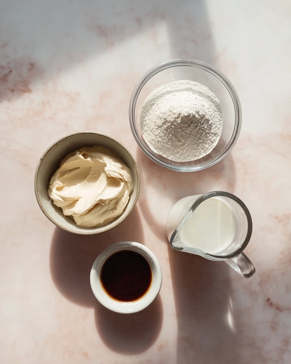 Four small bowls and a glass jug with ingredients are placed on a white marbled surface. The first bowl contains a thick, creamy, off-white mixture with a smooth texture, positioned on the left. Above it, a clear glass bowl holds a fine white powder that is piled slightly. To the right of that is a small white bowl with a dark brown liquid creating a strong contrast. Below these, the clear glass jug is filled with a white liquid, and its handle is visible on the right side. Soft natural light creates long, gentle shadows stretching to the right. photo taken with an iphone --ar 4:5 --v 7