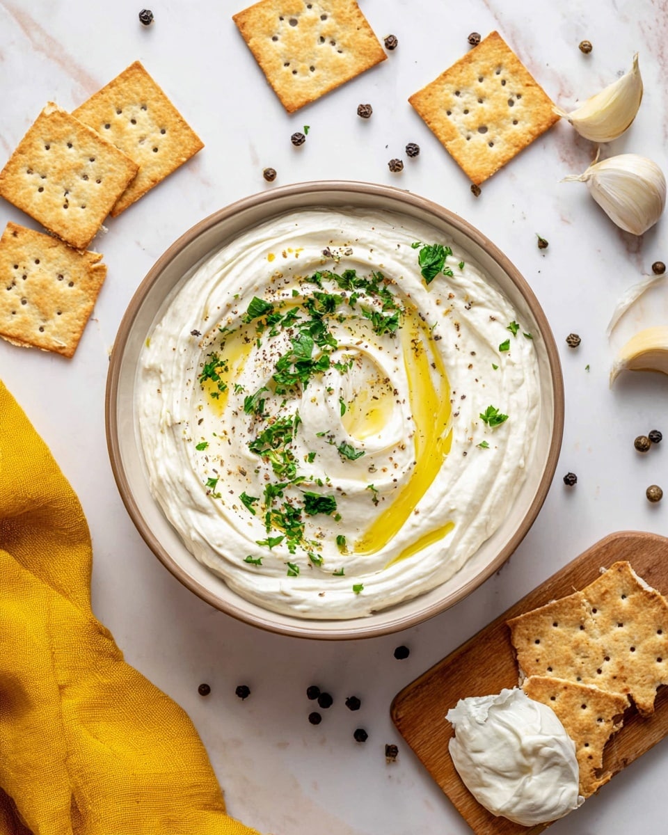 A top view of a bowl filled with creamy, smooth white dip, swirled to form a soft peak in the center, topped with bright green chopped parsley and drizzled with golden olive oil. The bowl is placed on a white marbled surface scattered with whole black peppercorns and several square, toasted crackers with visible seeds and small holes. One cracker is spread thickly with the same dip and sits on a small wooden board near the bowl. To the upper right side, a bulb of garlic rests on the marbled surface. A yellow cloth is folded and placed to the bottom left corner, adding a warm color contrast. Photo taken with an iphone --ar 4:5 --v 7